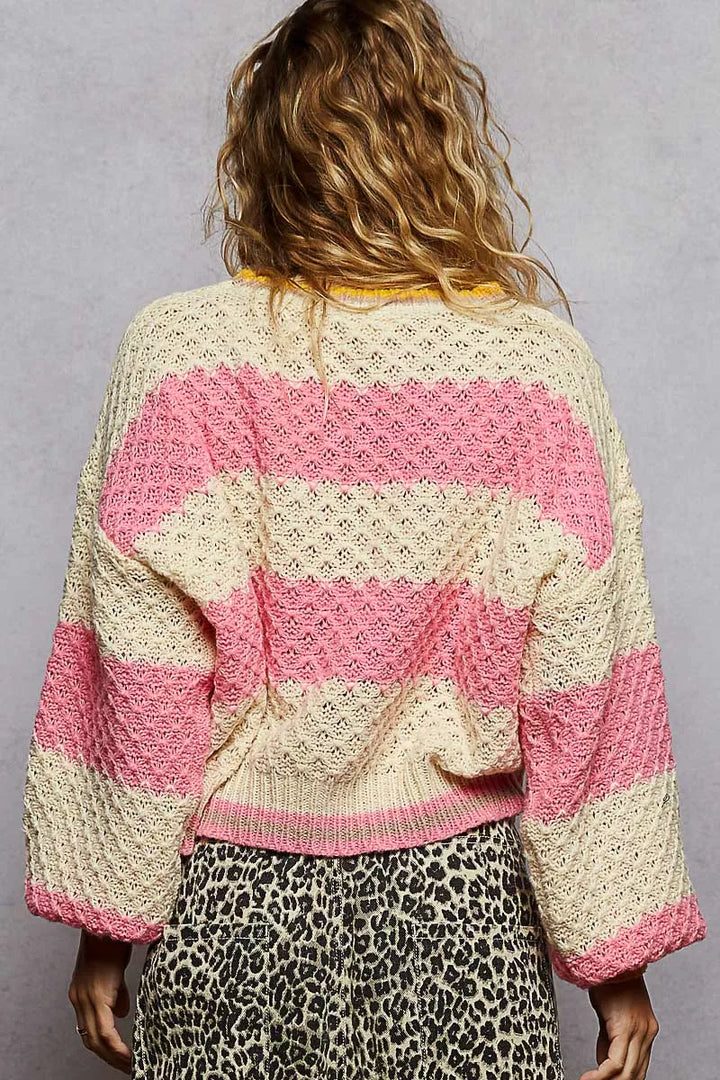 POL Contrast Striped Round Neck Sweater with Textured Cable Knit Pattern | Sweaters Daverri Fashions