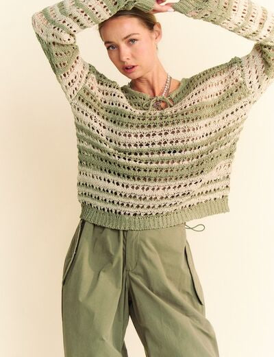 Davi & Dani Contrast Striped Crochet Drop Shoulder Knit Cover Up Matcha Green Sweaters