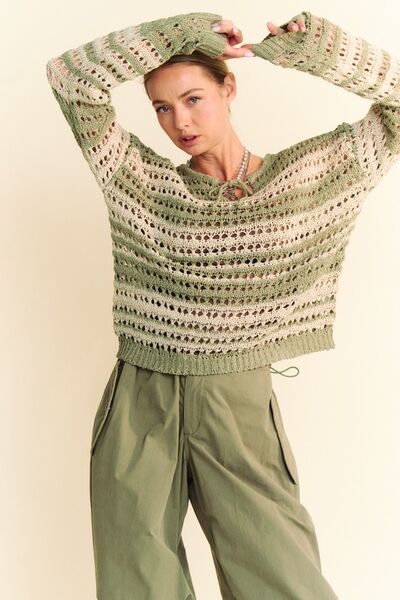 Davi & Dani Contrast Striped Crochet Drop Shoulder Knit Cover Up Matcha Green Sweaters