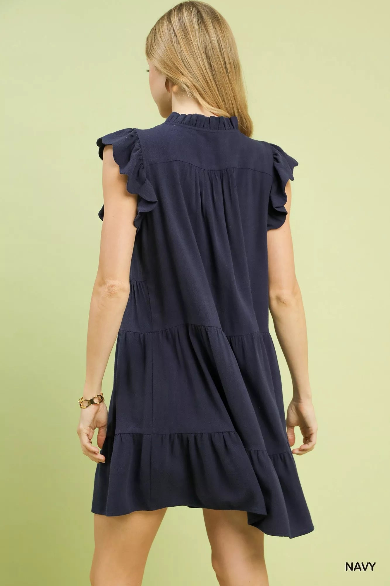 Navy blue Umgee linen tiered babydoll dress with ruffled shoulders