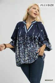 Umgee Midnight Floral Vine Print Blouse with Balloon Sleeves Plus Size | Blouses Daverri Fashions