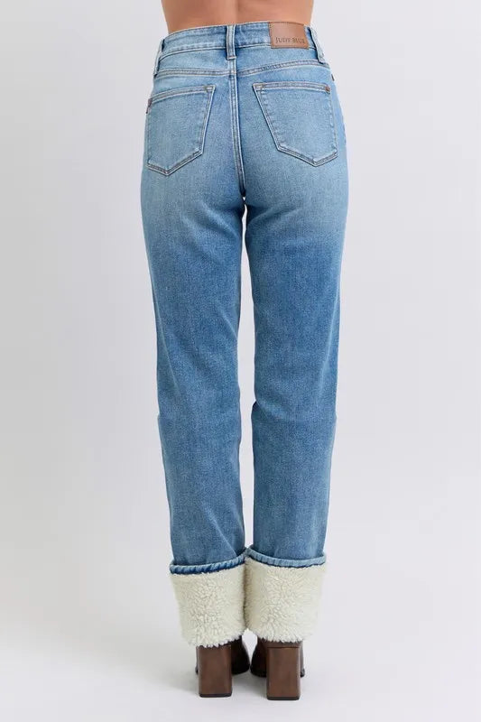 Judy Blue Full Size High Waist Shearling Cuff Straight Jeans