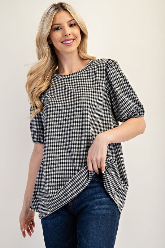 Celeste Full Size Gingham Print Top With Puff Sleeves Plus Size Black