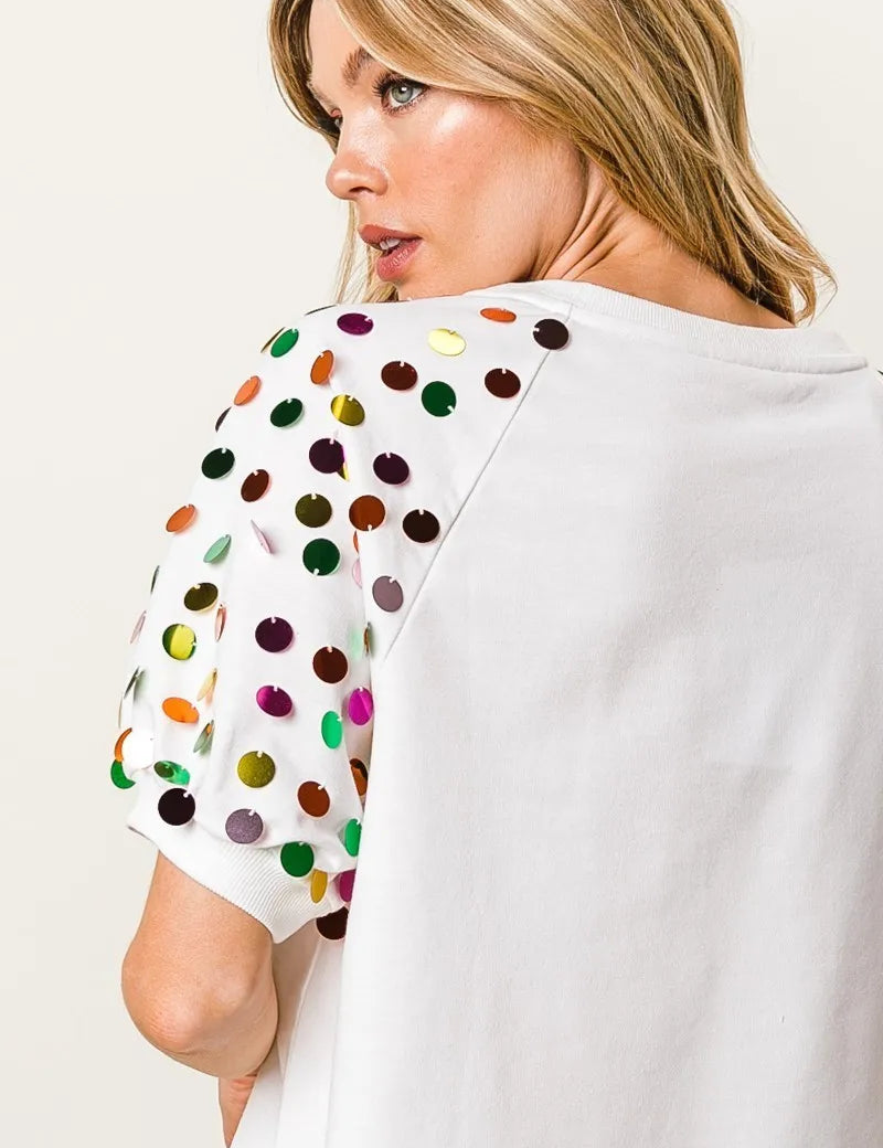 BiBi Metallic Letter Spangle Raglan Puff Sleeve Top | Tops Daverri Fashions