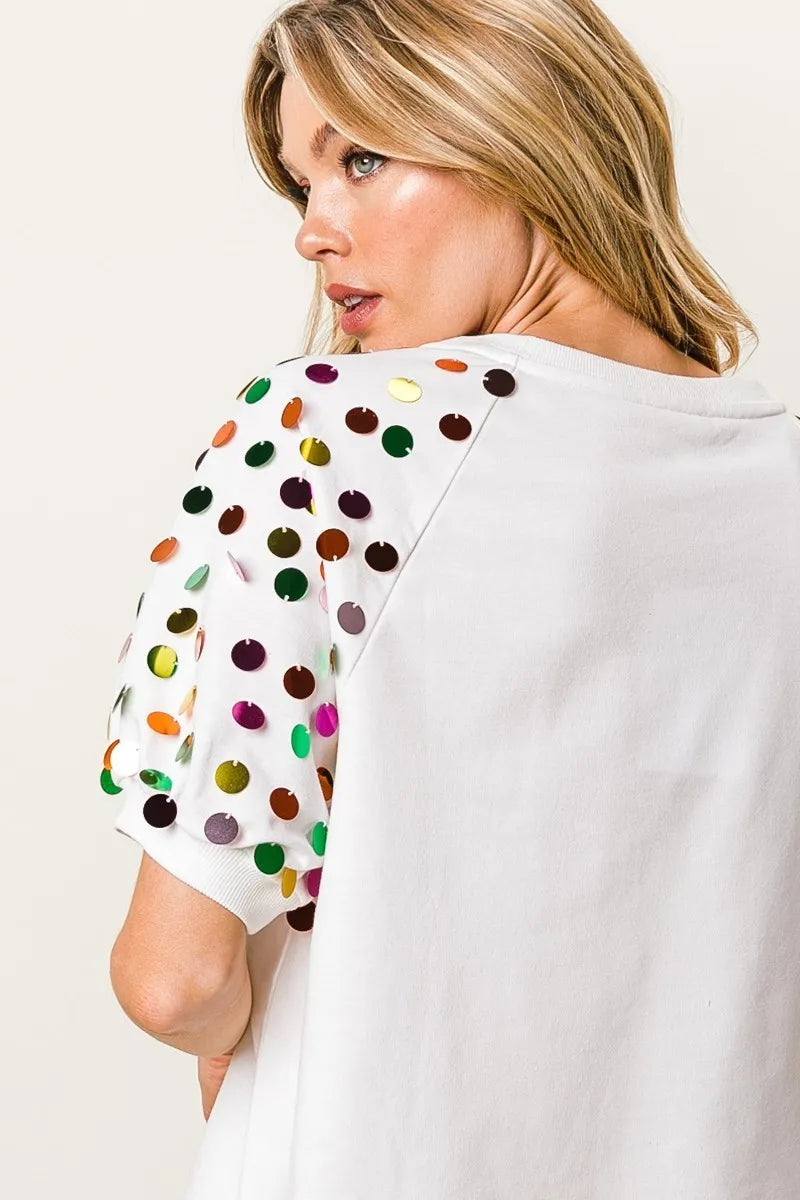 BiBi Metallic Letter Spangle Raglan Puff Sleeve Top Tops