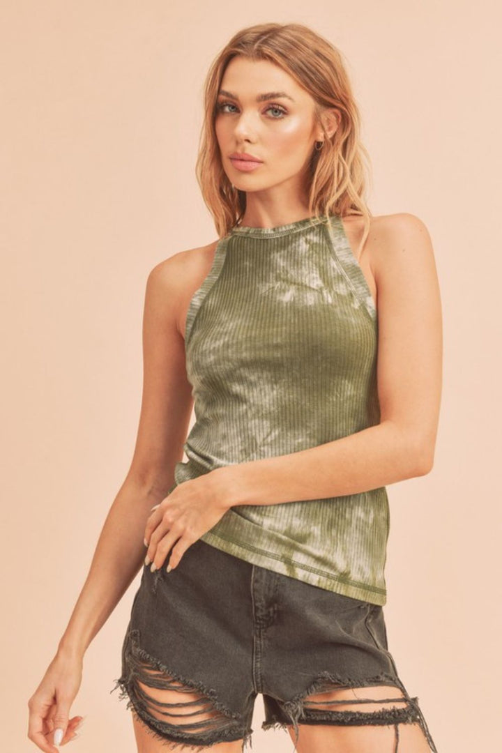 Aemi + Co Ribbed Tie-Dye Round Neck Tank Matcha Green Tank Tops