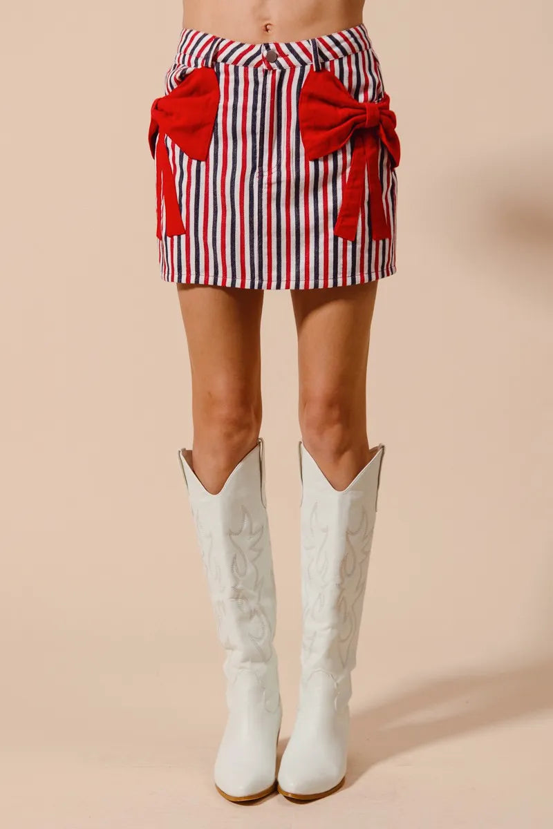 SO ME Contrast Bow Knot Pocket Fourth Of July Denim Skirt | Denim Skirts Daverri Fashions