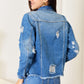 Baeful Leopard Floral Distressed Raw Hem Denim Jacket Jackets