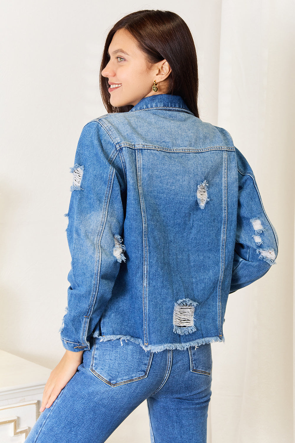 Baeful Leopard Floral Distressed Raw Hem Denim Jacket Jackets