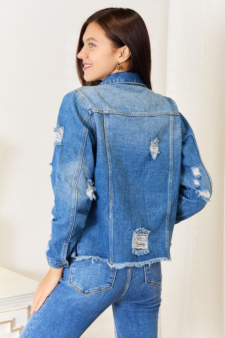 Baeful Leopard Floral Distressed Raw Hem Denim Jacket Jackets