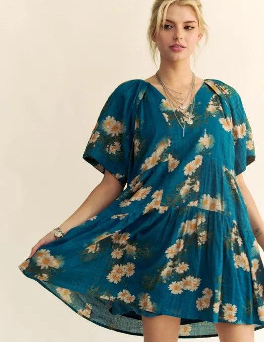 Davi & Dani Floral Print Short Bell Sleeve Pleated Mini Dress | Mini Dresses Daverri Fashions