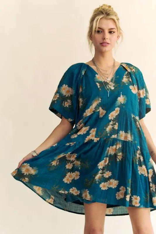 Davi & Dani Floral Print Short Bell Sleeve Pleated Mini Dress - DAVERRI FASHIONS