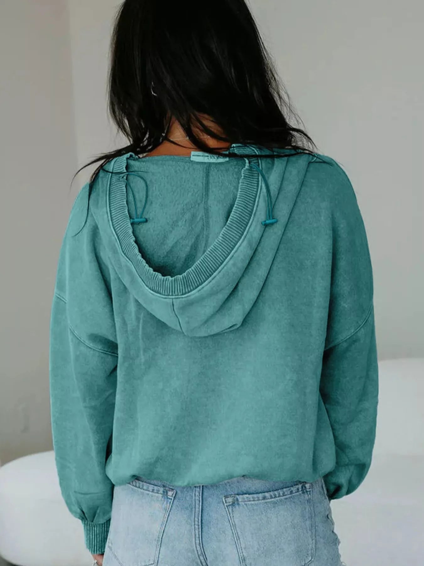 Teal oversized women’s half zip kangaroo pocket mineral wash baggy hoodie
