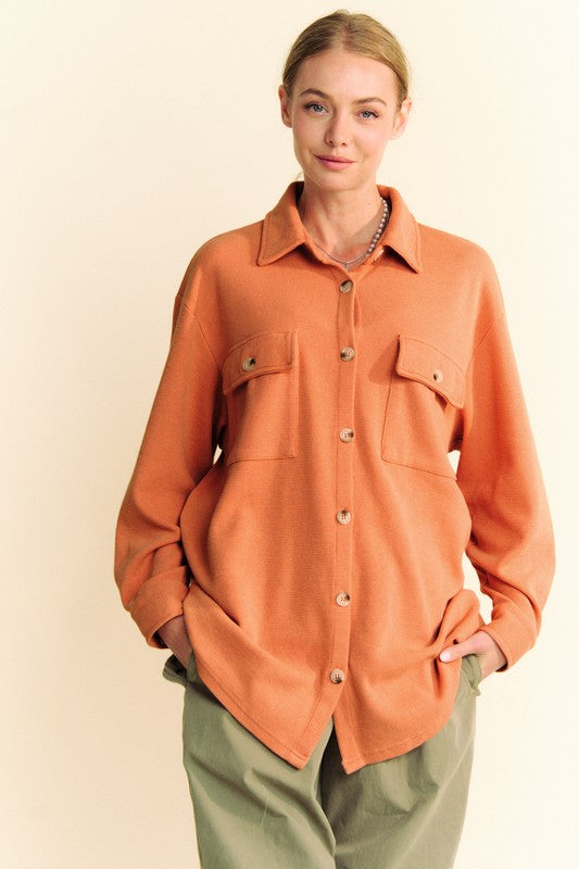 Davi & Dani Waffle-Knit Button Down Shirt Pumpkin