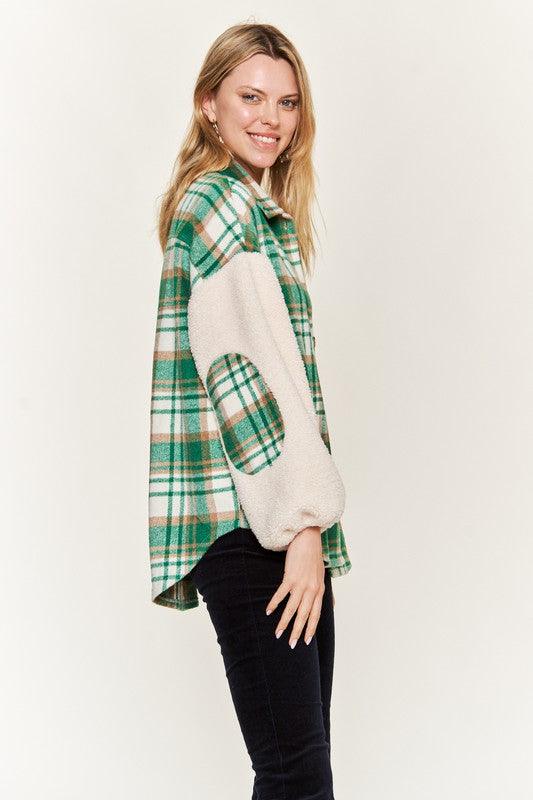 Jade by Jane Plaid Teddy Sleeve Shacket Shackets