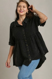 Umgee Full Size Cotton Gauze Button Front Shirt Plus Size Shirts