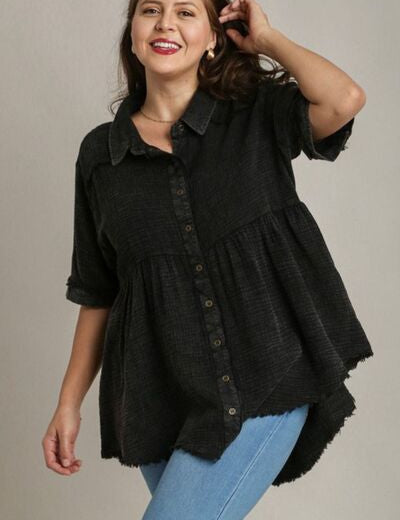 Umgee Full Size Cotton Gauze Button Front Shirt Plus Size Shirts