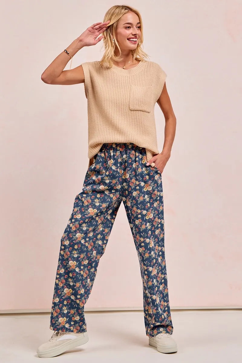 BiBi Washed Floral Print Wide Leg Jeans | Jeans Daverri Fashions