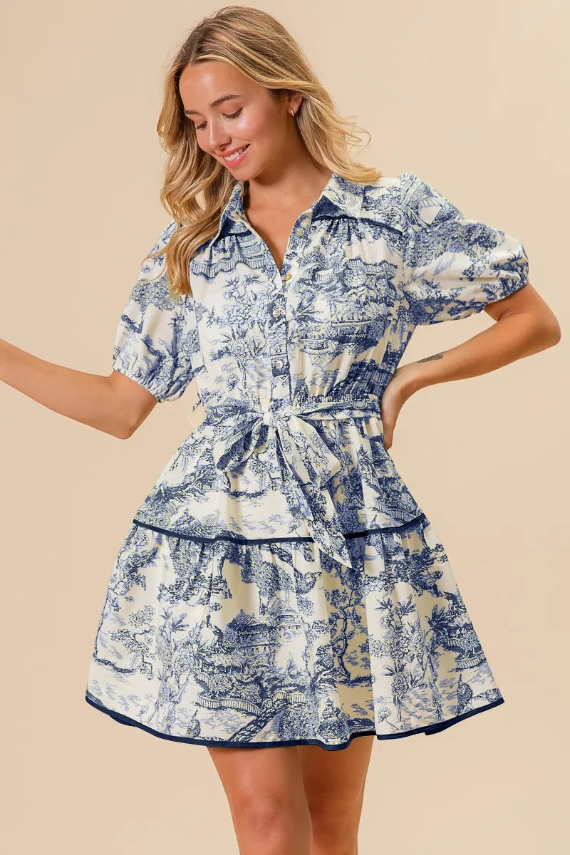 BiBi Woven Printed Tiered Dress NAVY Mini Dresses
