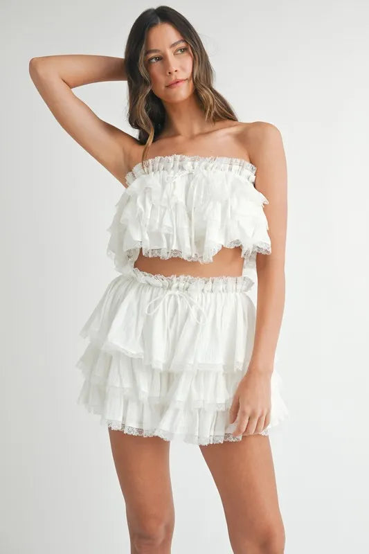 MABLE Ruffle Layered Crop Top and Mini Skirt Set Off White Outfit Sets
