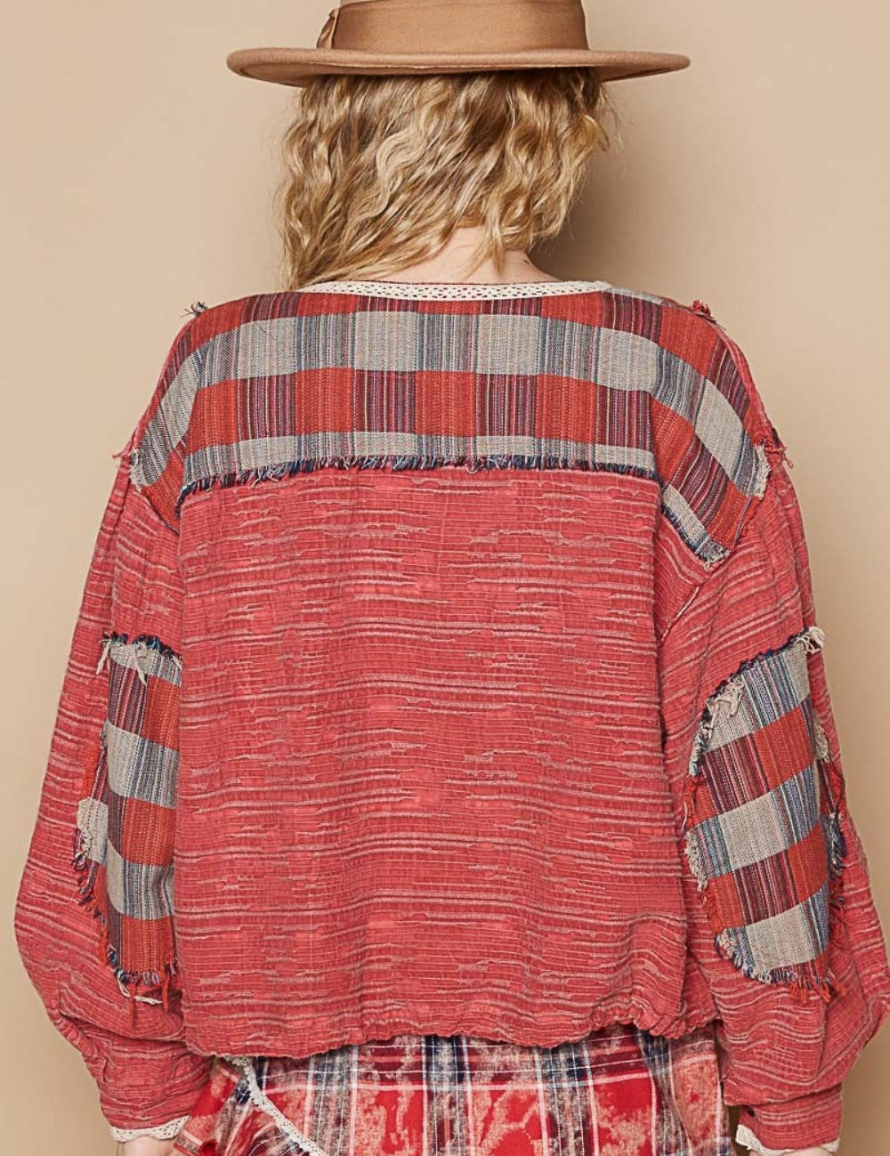 POL Round Neck Long Sleeve Plaid Shirt