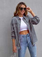 Gray Distressed Drop Shoulder Denim Jacket | Denim Jackets Daverri Fashions
