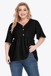 Plus size black peplum V-neck babydoll blouse with button detail and bell sleeves
