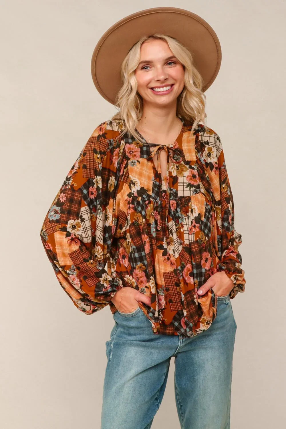 Apple Cider Patchwork Print Blouse | Daverri Fashions