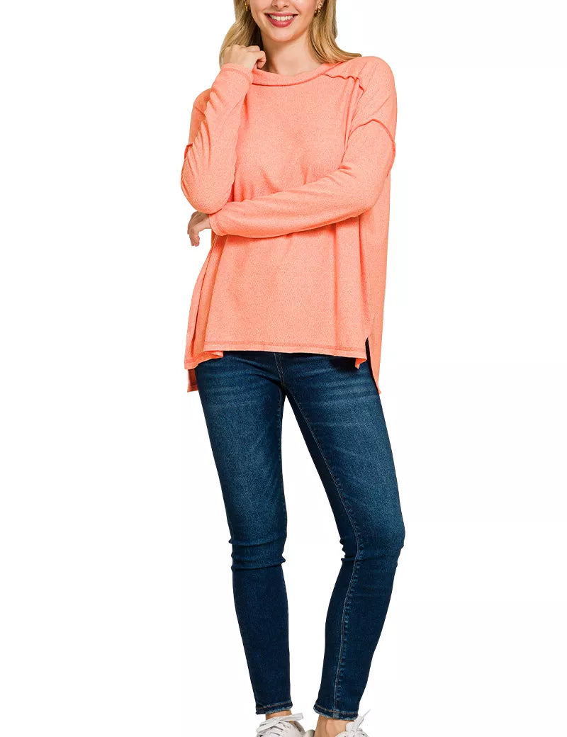 Zenana Full Size Melange Hacci Exposed Seam Hi-low Tee Plus Size | Daverri Fashions