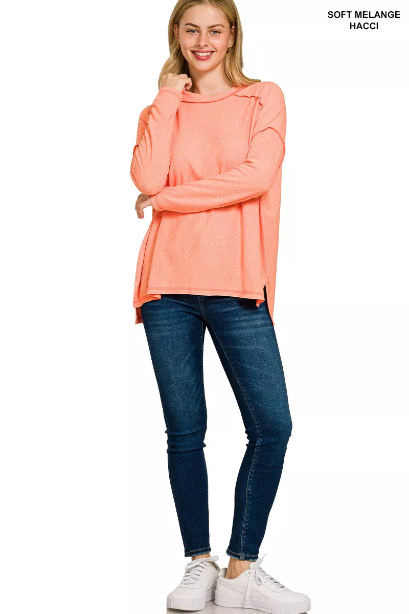 Zenana Full Size Melange Hacci Exposed Seam Hi-low Tee Plus Size | Daverri Fashions