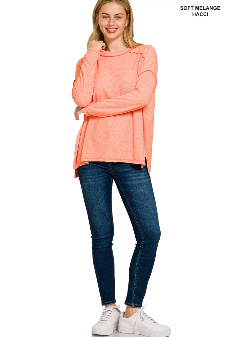Zenana Full Size Melange Hacci Exposed Seam Hi-low Tee Plus Size | Daverri Fashions