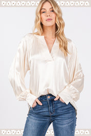 Notched Long Sleeve Blouse Tops