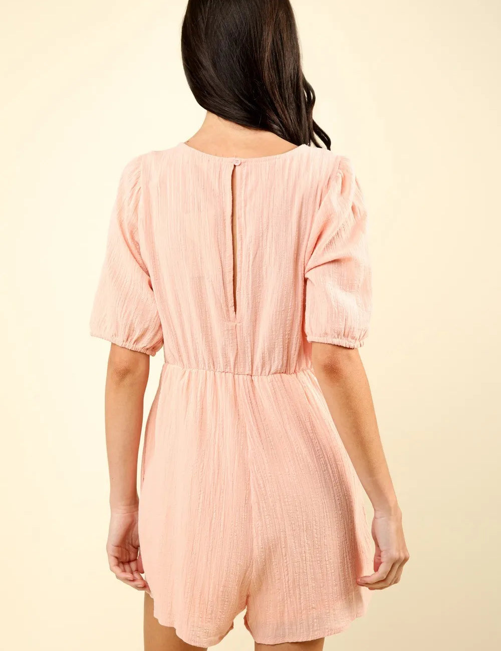 VERY J Lace Detail Puff Sleeve Romper with Pockets | Rompers Daverri Fashions