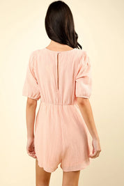 VERY J Lace Detail Puff Sleeve Romper with Pockets | Rompers Daverri Fashions
