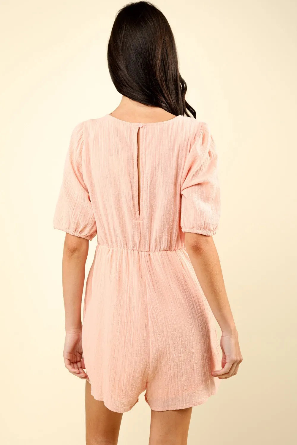 VERY J Lace Detail Puff Sleeve Romper with Pockets Rompers