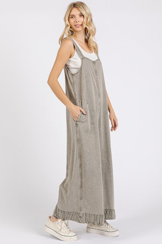 Mittoshop Ruffled Hem Wide Leg Overalls with Pockets