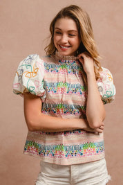 BiBi Ruffle Neckline Blouse With Embroidery Bubble Sleeve | Daverri Fashions