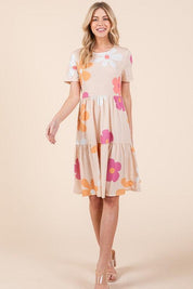 BOMBOM Floral Round Neck Short Sleeve Tiered Dress | Daverri Fashions