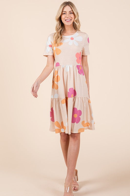 BOMBOM Floral Round Neck Short Sleeve Tiered Dress