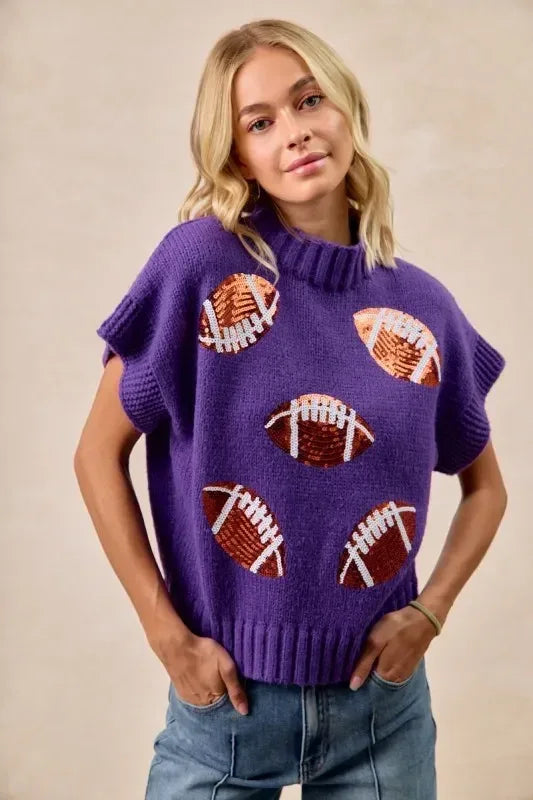 BiBi Gameday Sequin Football Patches Rib Banded Sweater - DAVERRI FASHIONS