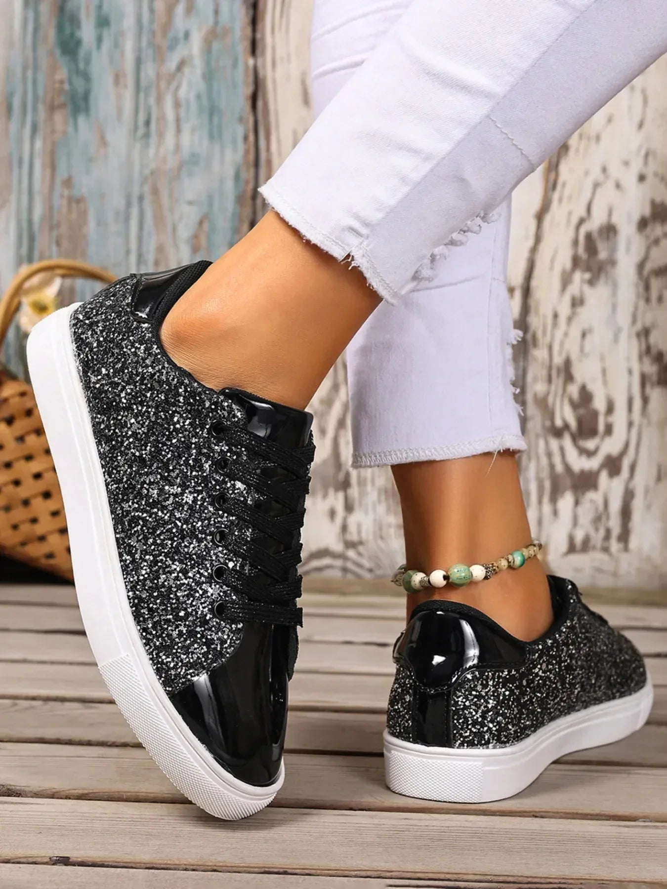 Sequin Lace Up Sneakers - DAVERRI FASHIONS