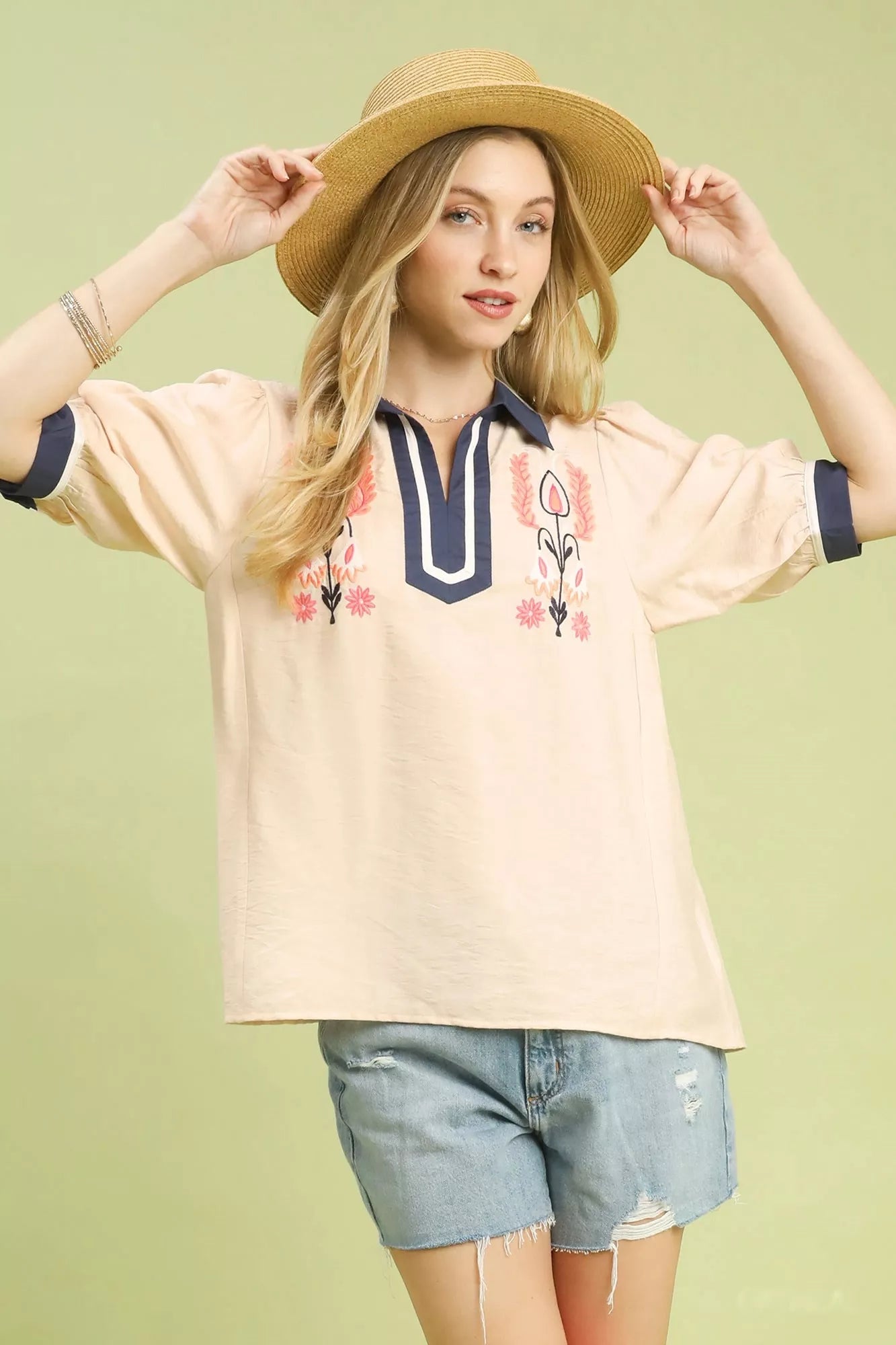 Umgee embroidered puff sleeve top in beige with navy contrast trim