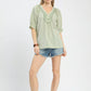 Umgee light green and white striped V-neck blouse with embroidery