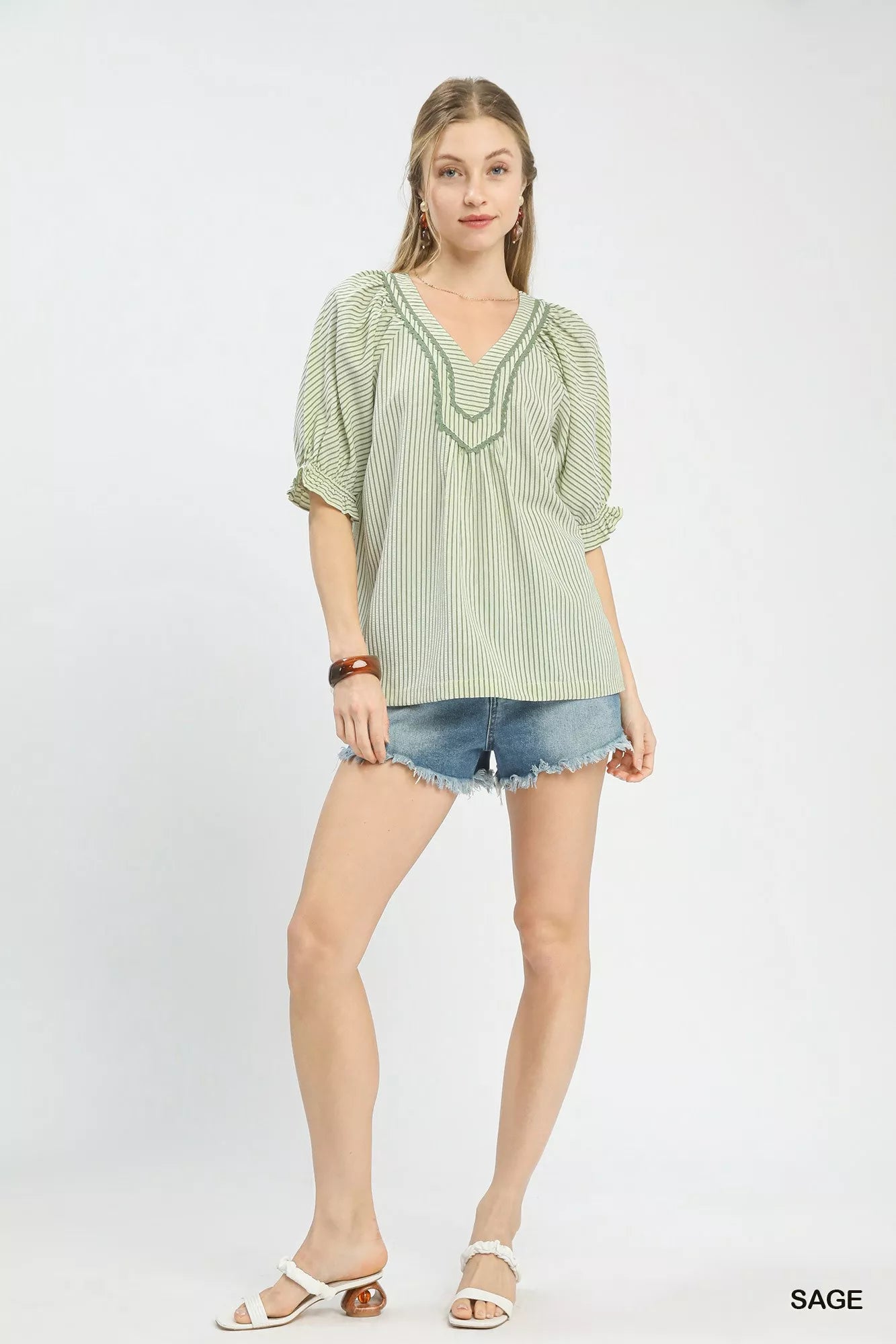 Umgee light green and white striped V-neck blouse with embroidery