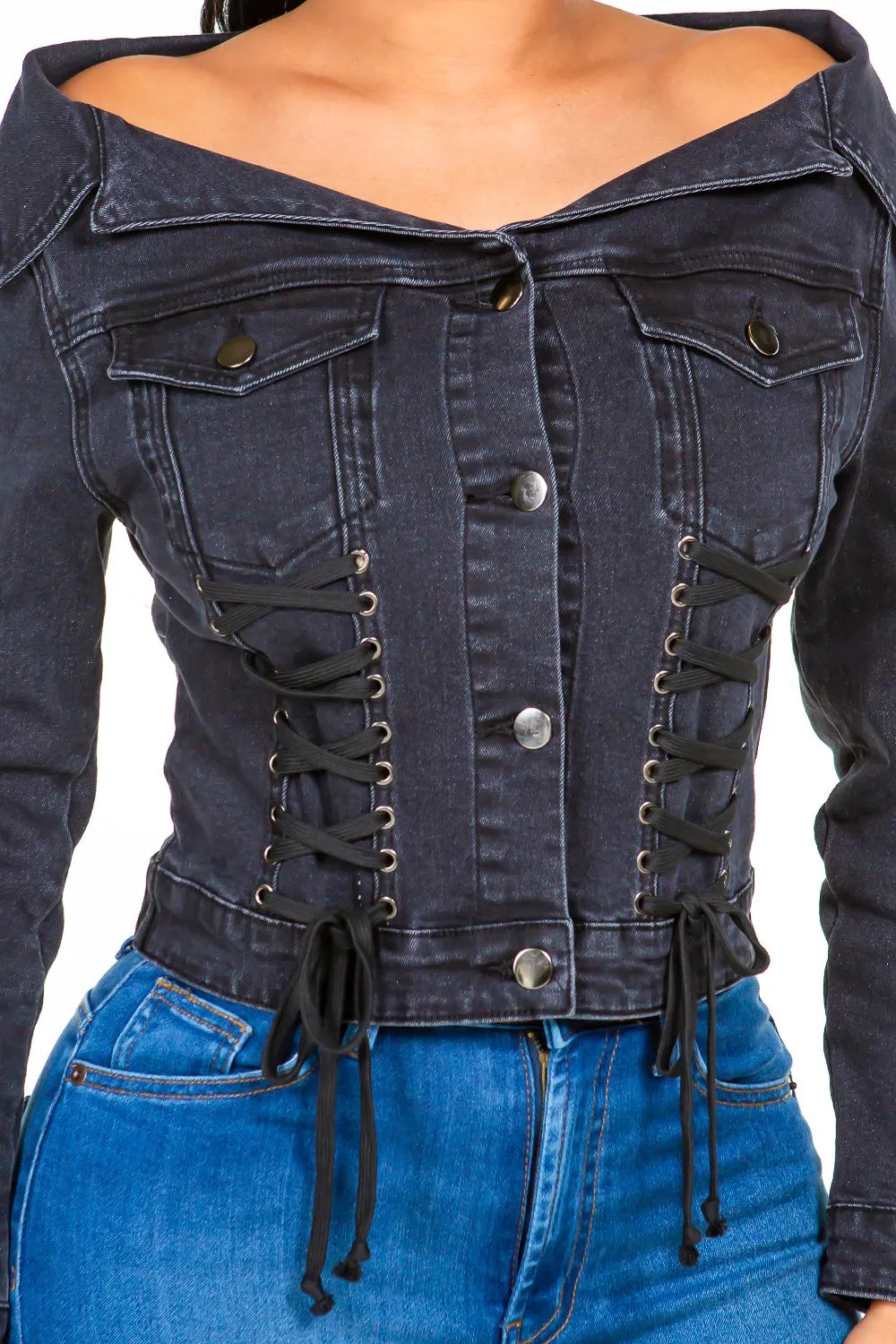American Bazi Off Shoulder Lace Up Denim Jacket | Denim Jackets Daverri Fashions