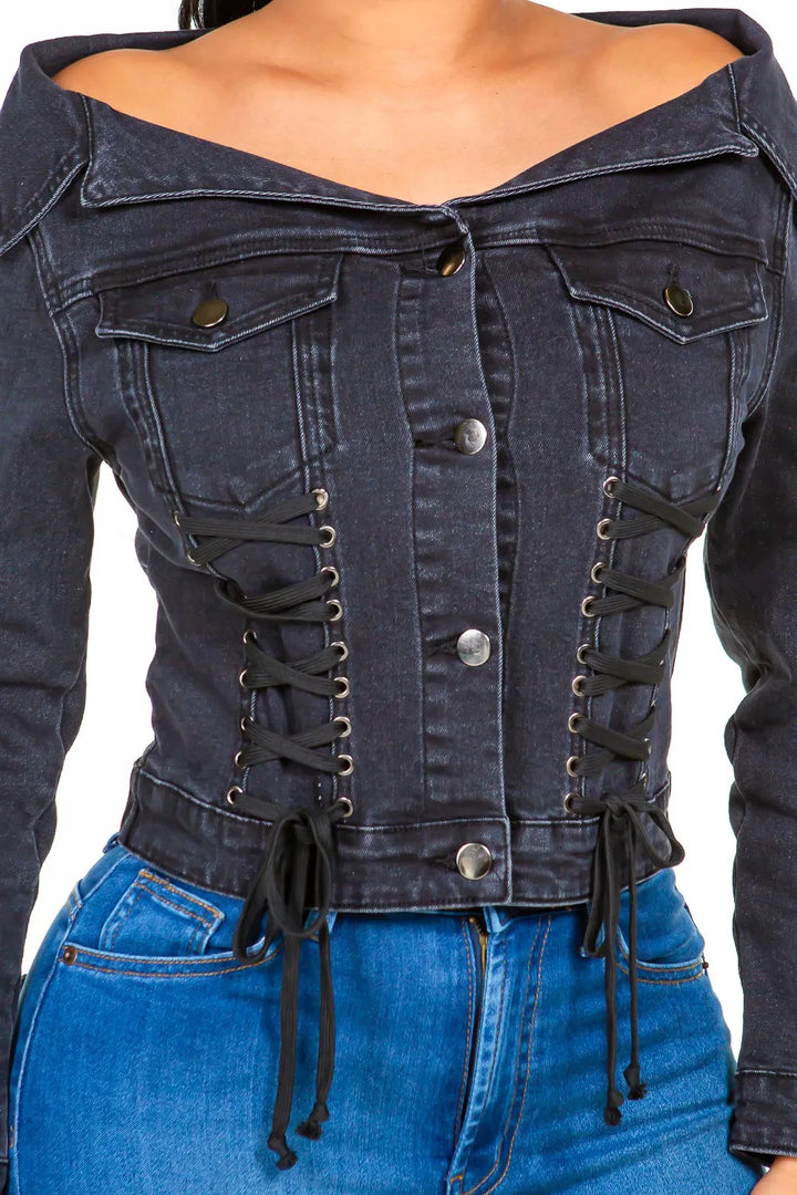 American Bazi Off Shoulder Lace Up Denim Jacket Denim Jackets
