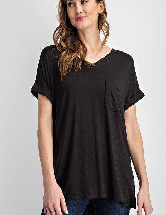 V Neck Basic High-Low Hem Top Black Shirts & Tops