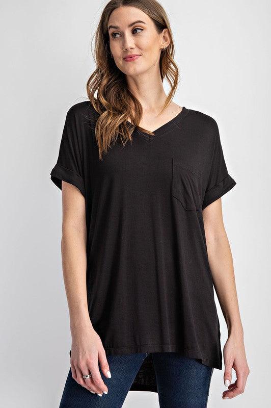 V Neck Basic High-Low Hem Top Black Shirts & Tops