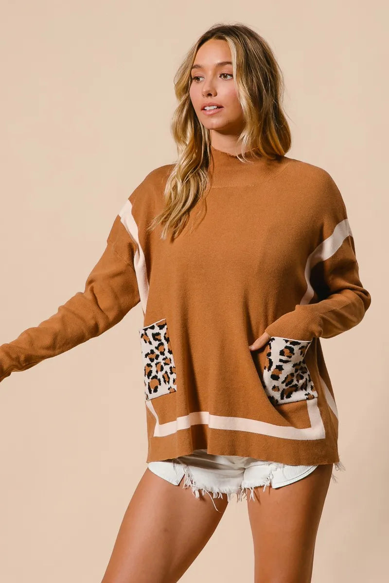 BiBi Mock Neck Sweater with Leopard Pocket Sweaters