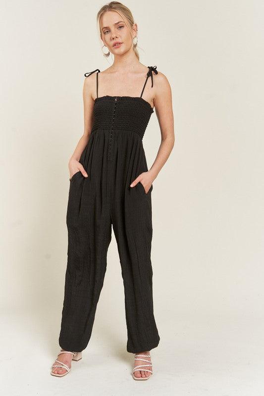 Plus Size Shoulder Tie Smocked Jumpsuit Jumpsuits